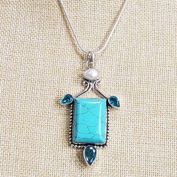 Hand Crafted Jewelry - Turquoise necklace, 925 silver turquoise blue topaz pendant necklace